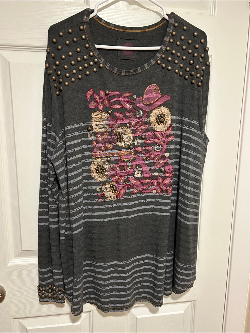 Double D Ranch Gray Striped Long-Sleeve Top with Pink & Gold Embroidery